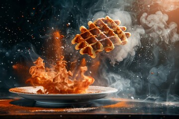 The realistic conception of burning waffle meteorites with smoke and rock fragments travel with high speed in galaxy and space. - obrazy, fototapety, plakaty