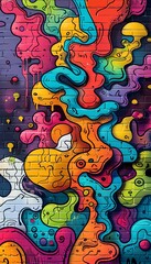 A vibrant and colorful graffiti painting with various abstract shapes and faces on a brick wall background.