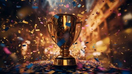 A gleaming gold winners trophy cup takes center stage, surrounded by a festive explosion of colorful celebration confetti and sparkling glitter, symbolizing victory and success in a competition