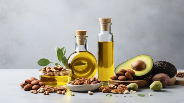 Assorted healthy fats food selection with avocado, nuts, seeds, and olive oil, with blank space for adding text or design