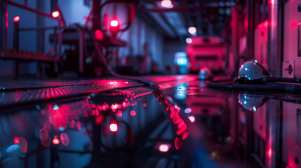 Fire station at night, low angle, red and blue light flares Long reflections, fire, engines  hoses on standby emergency services