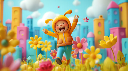 3d cartoonish cute kid healthy, happy lifestyle illustration in vibrant pastel color.