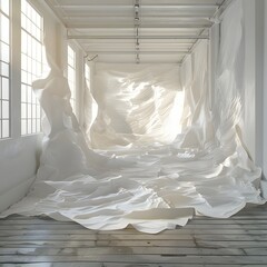Art installation with a white parachute hanging in the huge white photo studio
 - obrazy, fototapety, plakaty
