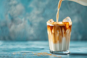 Pouring milk into iced coffee on pastel background with ample space for text placement