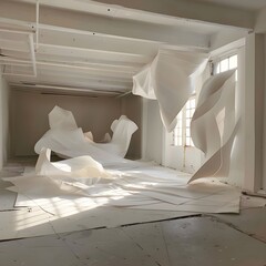 Art installation with a white parachute hanging in the huge white photo studio
