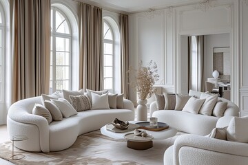 Highend modern chic style white living room with glamorous accents and luxe fabrics.