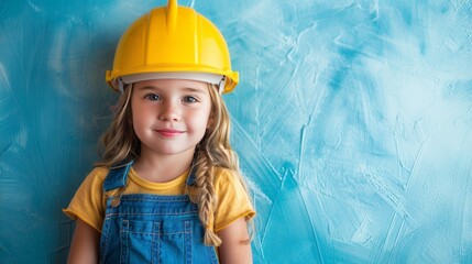 Girl in yellow hard hat, blue overalls, aspiring engineer on pastel background with text space