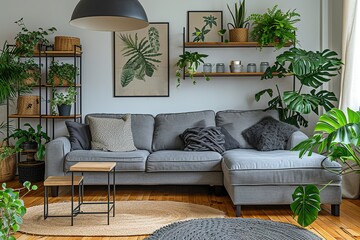 Comfortable grey furniture with wooden shelving unit and black lamp in light living room.