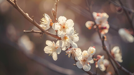 Apricot flowers on a tree, in the sunlight,Blooming tree in the gardenS elective focus nature,  flowering cherry branch taken against the background of a blurry silhouette of a girl
