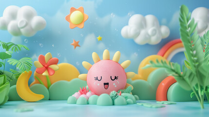 3d cartoonish cute kid healthy, happy lifestyle illustration in vibrant pastel color.
