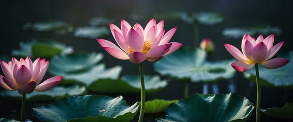 Multiple pink lotus flowers exhibit a calm and serene atmosphere on the pond's surface