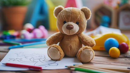 Teddy bear on the table with drawings. Children's room