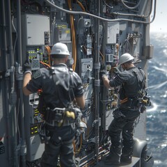 Two men in black and white uniforms are working on a machine. Scene is serious and focused, as the men are wearing hard hats and appear to be working on a complex piece of equipment