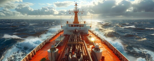 A large ship is sailing through rough waters. The waves are crashing against the side of the ship, and the sky is cloudy. Scene is one of adventure and danger