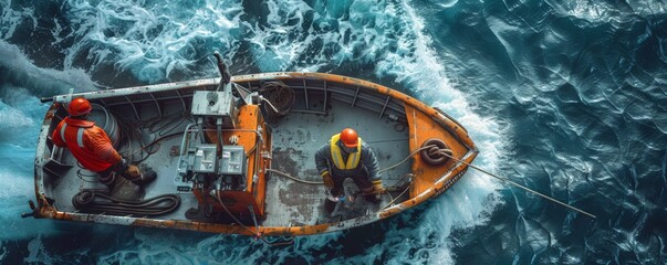 Two men in orange life jackets are in a boat in the ocean. The boat is moving through the water, and the men are holding onto a rope