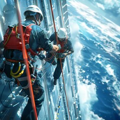 Two men are hanging from a building, one of them is wearing a red harness. The scene is set in the sky, with the men looking down at the water below. Scene is adventurous and daring