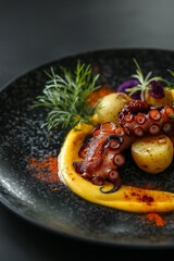 Grilled octopus arm with baby potatoes and saffron aioli on a speckled plate with herbs
