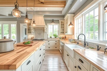 Coastal farmhouse kitchen with whitewashed cabinets and butcher block countertops. - Powered by Adobe