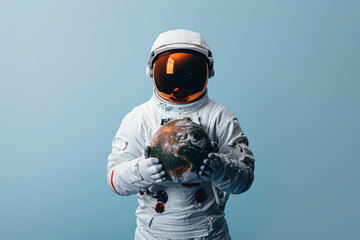 Astronaut in spacesuit holding planet Mars on blue background. The concept of mars exploration.