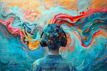 Young girl with blue hair and wearing headphones listening to music on an abstract musical colored...
