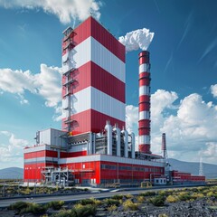 A large red and white building with a red stripe on the side. The building is a power plant with a lot of smoke coming out of it