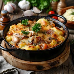 There is a large pot of food with meat and potatoes
