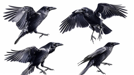 Obraz premium a set of flying birds, a black raven in flight isolated on a white background, a group of bird crows