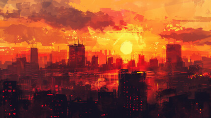 Fototapeta premium Urban Sunset Glow: Silhouetted Skyscrapers in Warm Hues
