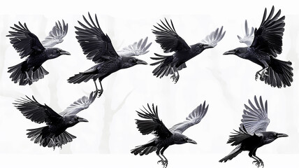 a set of flying birds, a black raven in flight isolated on a white background, a group of bird crows
