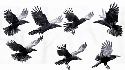 Obraz premium a set of flying birds, a black raven in flight isolated on a white background, a group of bird crows
