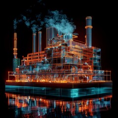 A large industrial building with a lot of smoke coming out of it. The building is lit up in neon colors, giving it a futuristic and industrial feel. The smoke and neon lights create a sense of urgency