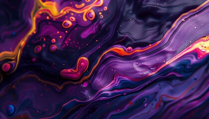 A close-up of a swirling abstract fluid art, showcasing a mesmerizing blend of purple and orange with vibrant splashes.
