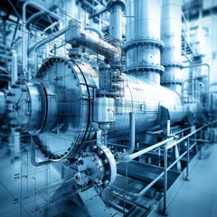 A large industrial machine with many pipes and valves. The image is a close up of the machine, with the pipes and valves clearly visible. Scene is industrial and mechanical