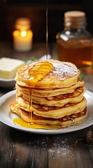 stack of pancakes with pouring of honey