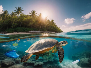 Sea turtle tangled in net underwater, trash in sea near tropical coast, environmental issues