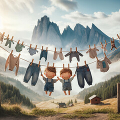 Fun boys toys hanging on clothespins on clothesline together with clothes, mountain landscape background, cartoon drawing