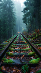 Abandoned railway tracks in forest, covered with leaves and moss. Mystical landscape. Adventure travel. Generative AI