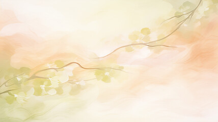 Abstract green and peach background with foliage in watercolor style