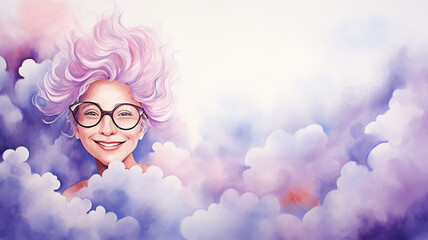 The face of a woman with glasses among the clouds, a lavender postcard in watercolor style