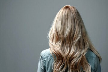 Blonde woman with long wavy hair on grey background, back view
