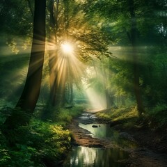Enchanting Rays of the Sun Filtering Through the Trees in a Lush Forest, Creating a Mystical Atmosphere