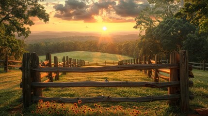   The sun sets over a field with a fence in the foreground and flowers blooming in the near distance - Powered by Adobe