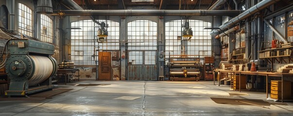 A large, empty room with a lot of machinery and tools - Powered by Adobe