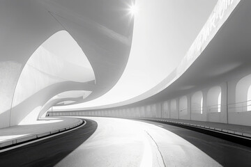 Modern architecture abstract background. Curved road in empty tunnel interior.