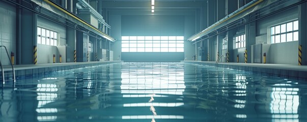 A large swimming pool with a lot of space and a lot of water
