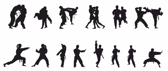 Silhouette of  martial art mma fighter, kick boxing, Muay thai, wrestling, jujitsu, taekwondo and boxing. Self defense mix martial art 