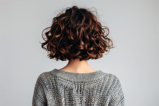 Back view of young brunette with short curly hair on gray background. Her hairstyle is a bob.