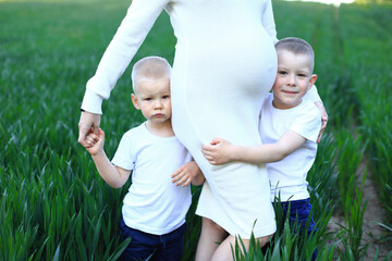 A pregnancy woman standing in a field with young boys. Expecting my third child. The woman is...