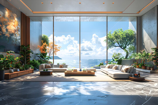Vray Tracing Apartment with Living Room and Ocean View