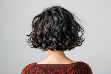 Back view of a woman with curly short hair on a gray background.